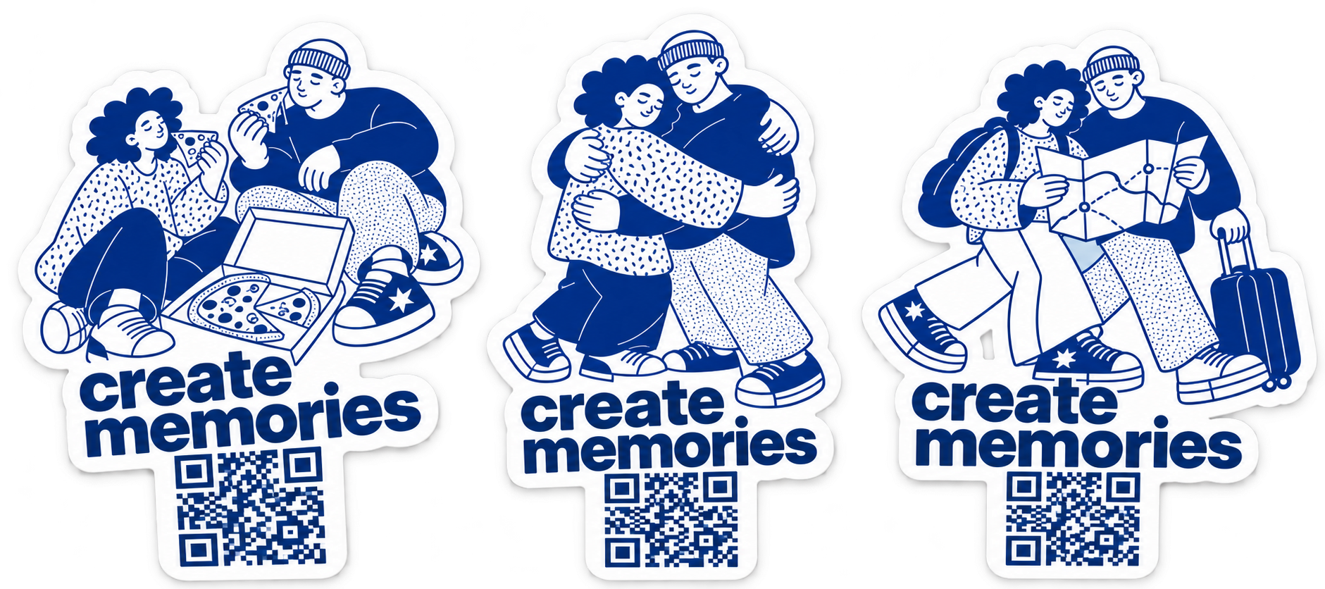 Drei organisch ausgeschnittene Leaf-Sticker: Pizza, Umarmung und Reisen, jeweils mit create memories und QR-Motiv.